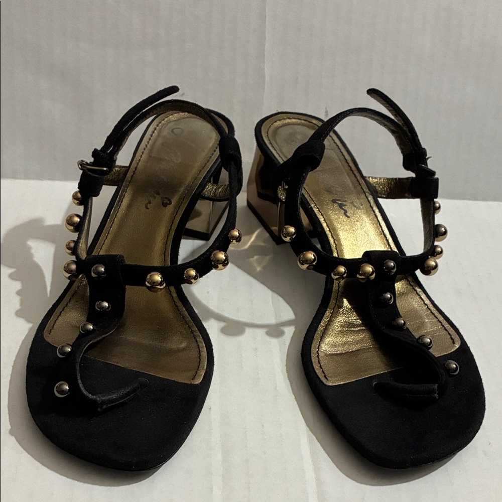 Lanvin Black Suede Block Heel Sandals with Gold Studs